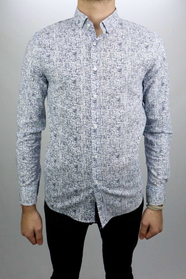 Ottıms Beyaz Sıyah Slim Fit Desenlı Uzun Kollu Erkek Gömlek