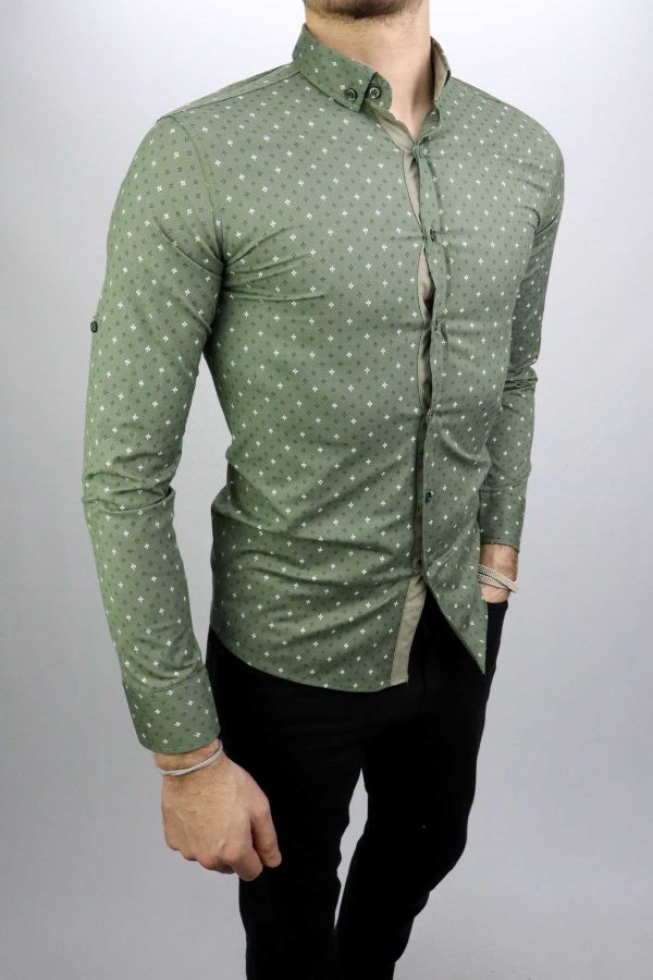 Ottims Haki Yeşil Desenli Slim Fit Uzunkollu Erkek Gömlek