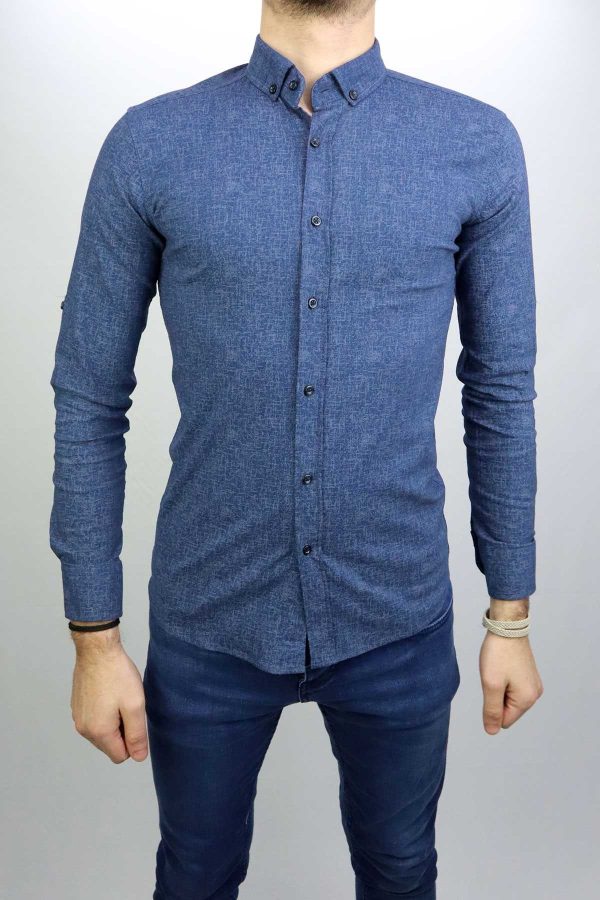 Ottims Lacivert Gri Desenli Slim Fit Uzunkollu Erkek Gömlek