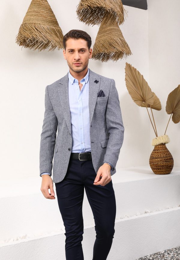 Vito Andolini Lacivert Desenli Slim Fit Tek Ceket