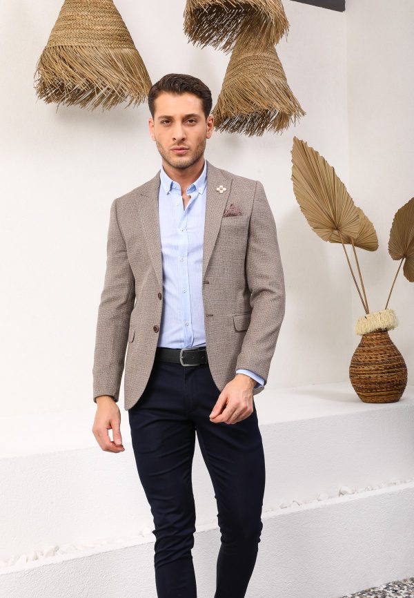 Vito Andolini Kahverengi Desenli Slim Fit Tek Ceket
