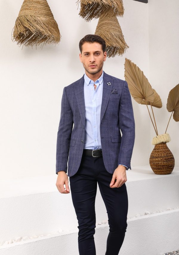 Vito Andolini Lacivert Desenli Slim Fit Tek Ceket