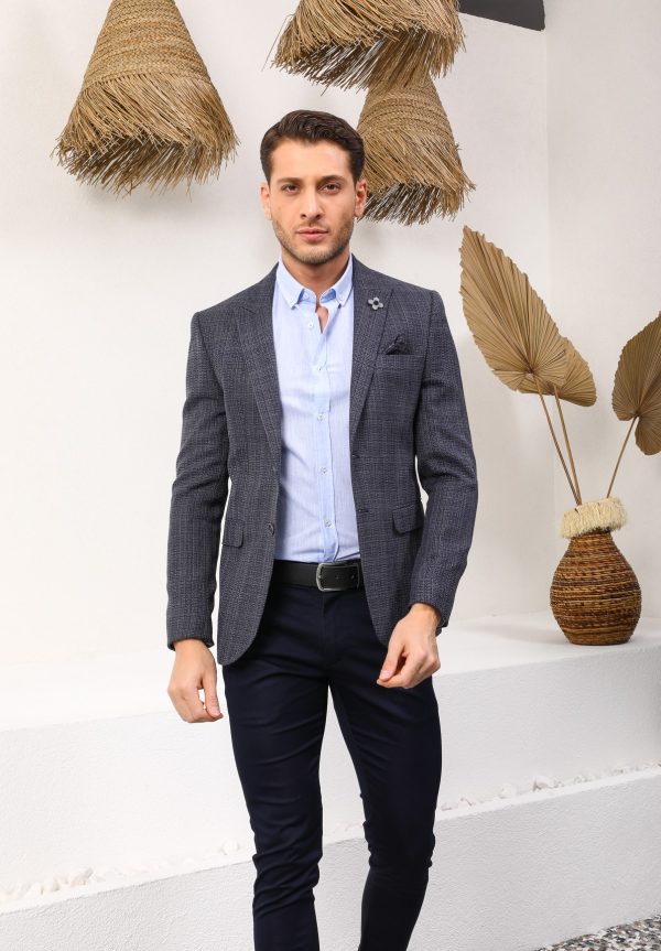 Vito Andolini Lacivert Desenli Slim Fit Tek Ceket