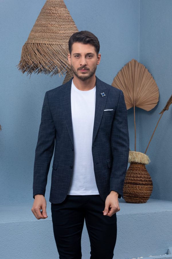 Vito Andolini Lacivert Desenli Slim Fit Erkek Tek Ceket