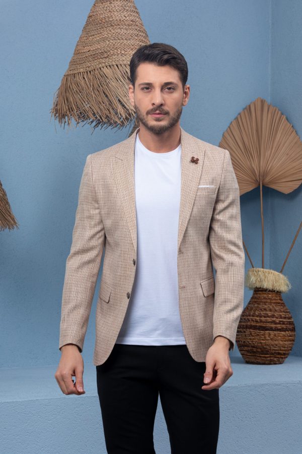 Vito Andolini Kahverengi Desenli Slim Fit Erkek Tek Ceket