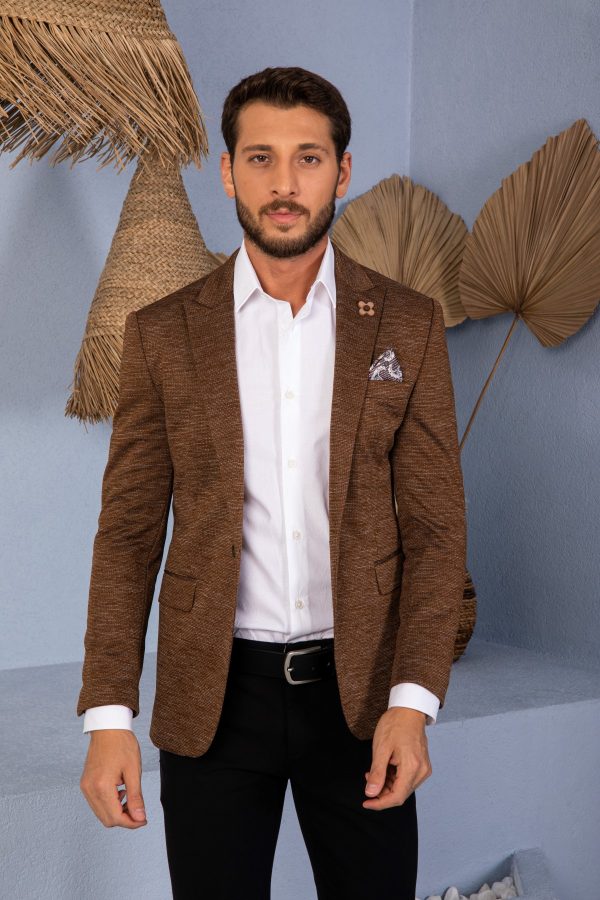 Vito Andolini Kahverengi Desenli Slim Fit Erkek Tek Ceket
