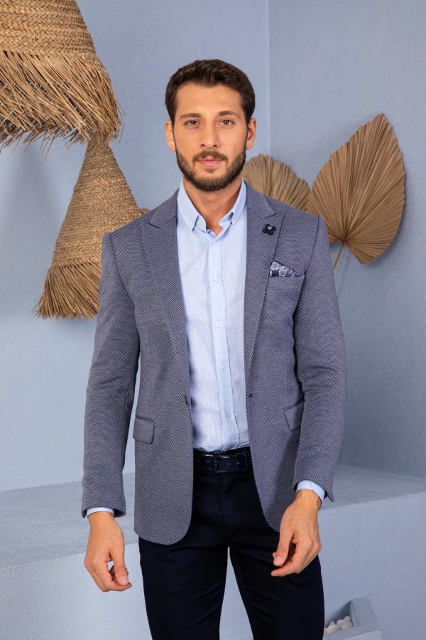 Vito Andolini Lacivert Desenli Slim Fit Erkek Tek Ceket