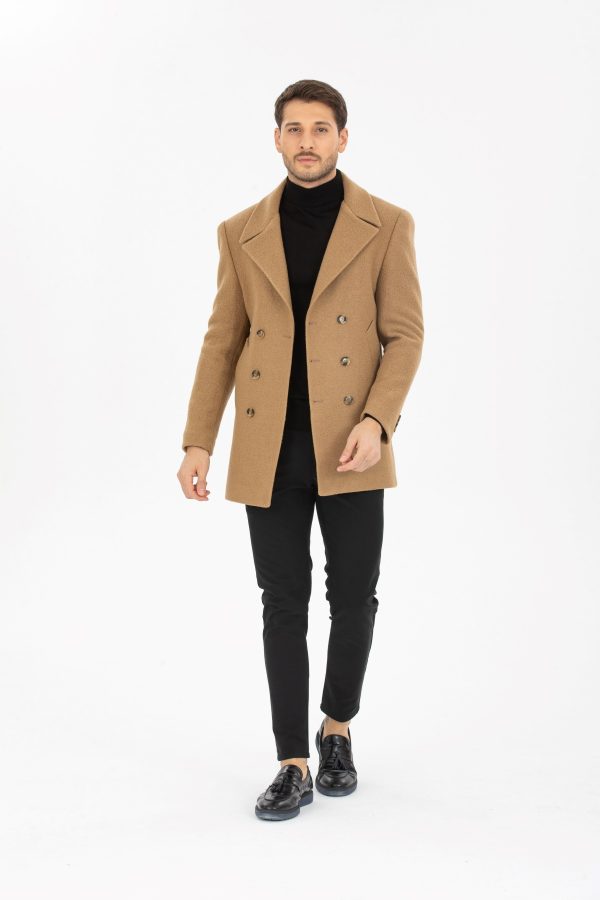 Vito Andolini Kahverengi Kaşmir Slim Fit Kruvaze Erkek Kısa Palto