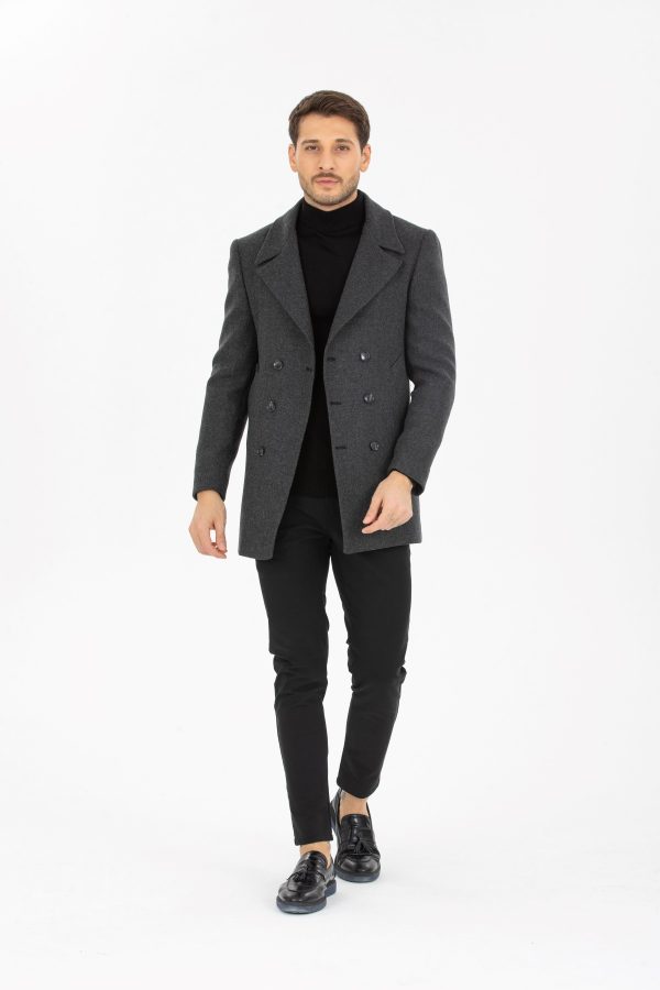 Vito Andolini Füme Desenli Kaşmir Slim Fit Kruvaze Erkek Kısa Palto