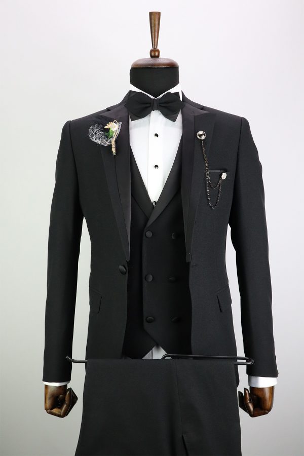 Vito Andolini Siyah Slim Fit Yelekli Erkek Damatlık Smokin