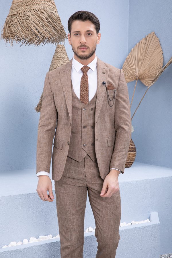 Vito Andolini Kahverengi Desenli Slim Fit Yelekli Erkek Takım Elbise