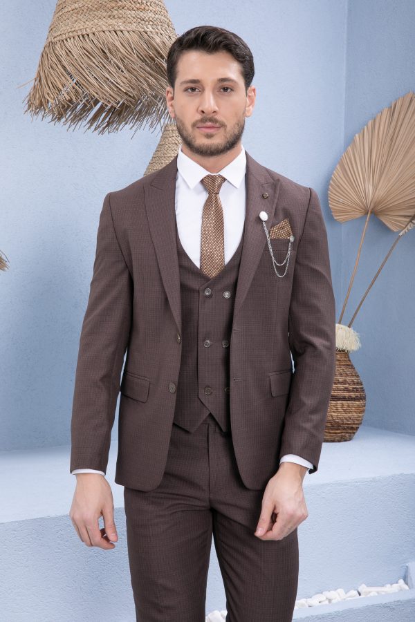 Vito Andolini Koyu Kahverengi Slim Fit Yelekli Erkek Takım Elbise