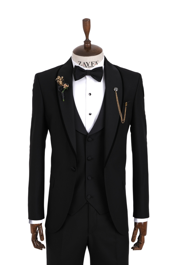 Zayfa Siyah Slim Fit Kadife Yaka Erkek Damatlık