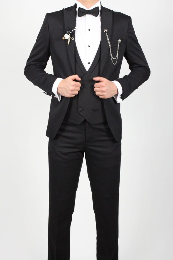 Zayfa Siyah Armürlü Slim Fit Yelekli Smokin Damatlık