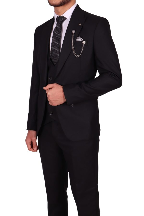 Zayfa Siyah Armürlü Slim Fit Erkek Yelekli Takım Elbise