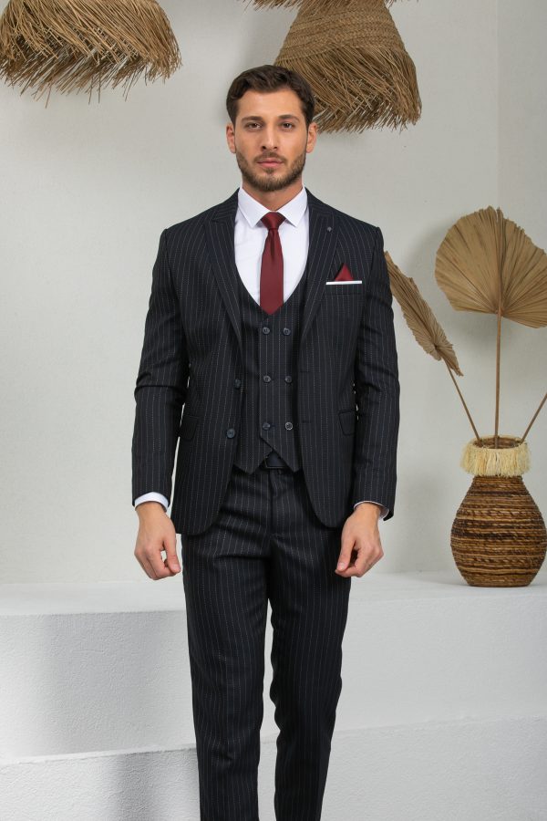 Zayfa Lacivert Çizgili 2 Düğme Slimfit Yelekli Takım Elbise