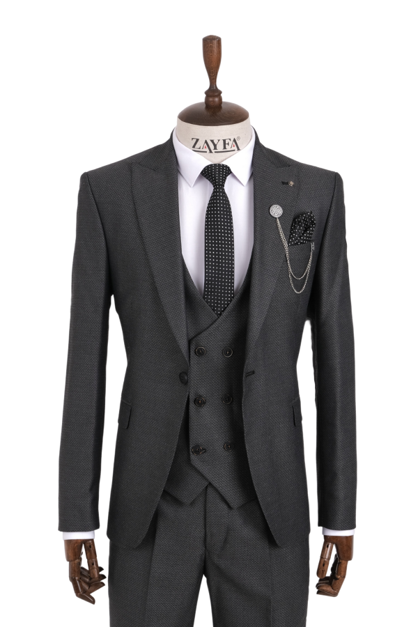 Zayfa Koyu Gri  Slim Fit Yelekli Erkek Takım Elbise