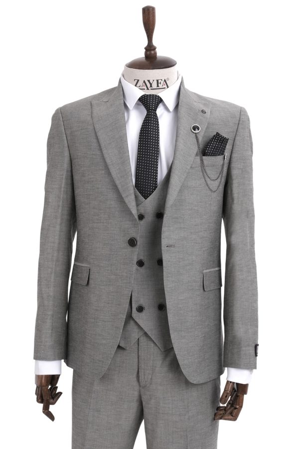 Zayfa Gri Yünsa Kumaş  Slim Fit Yelekli Erkek Takım Elbise