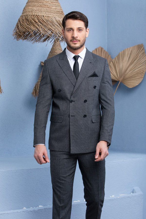 Zayfa Siyah Çizgili Slim Fit Kruvaze Erkek Takım Elbise