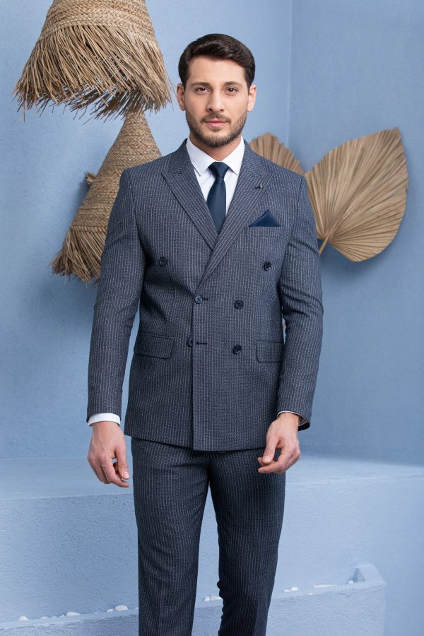 Zayfa Koyu Lacivert Çizgili Slim Fit Kruvaze Erkek Takım Elbise
